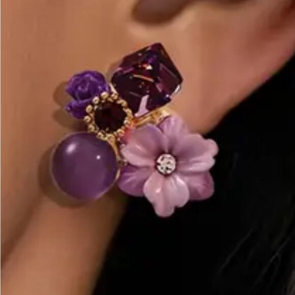 Purple Flower Stud Earrings - Picture 2 of 2